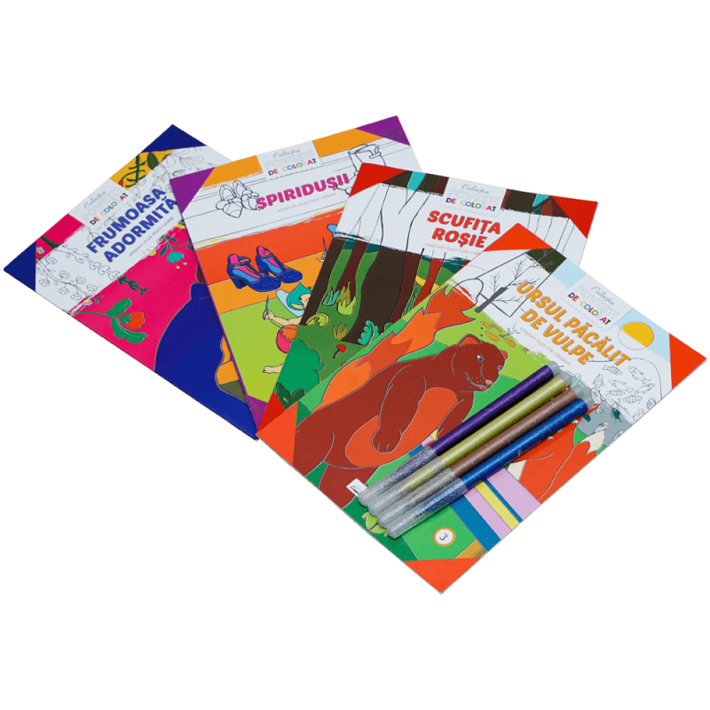 Set 4 carti de colorat cu povesti si 4 carioci pentru copii